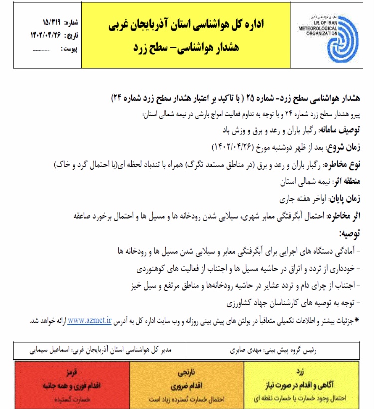 هشدار هواشناسی سطح زرد