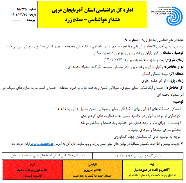 هشدار هوا شناسی سطح زرد