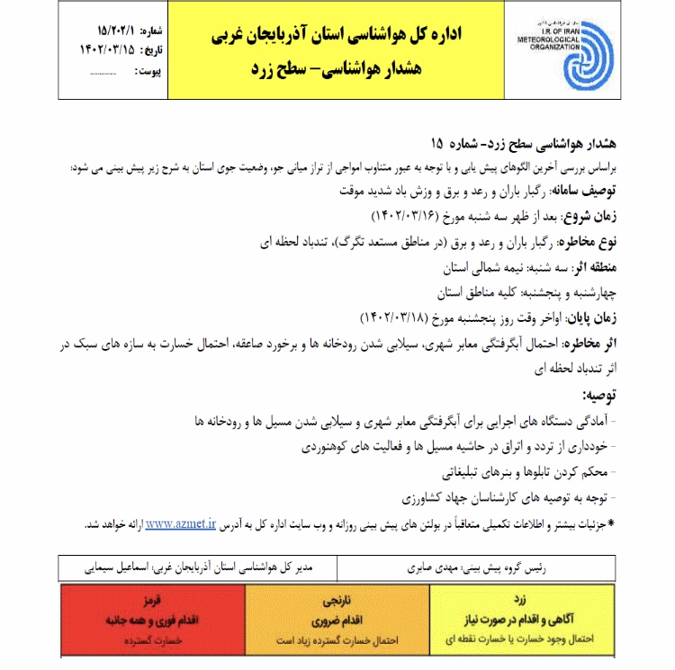 هشدار هواشناسی سطح زرد