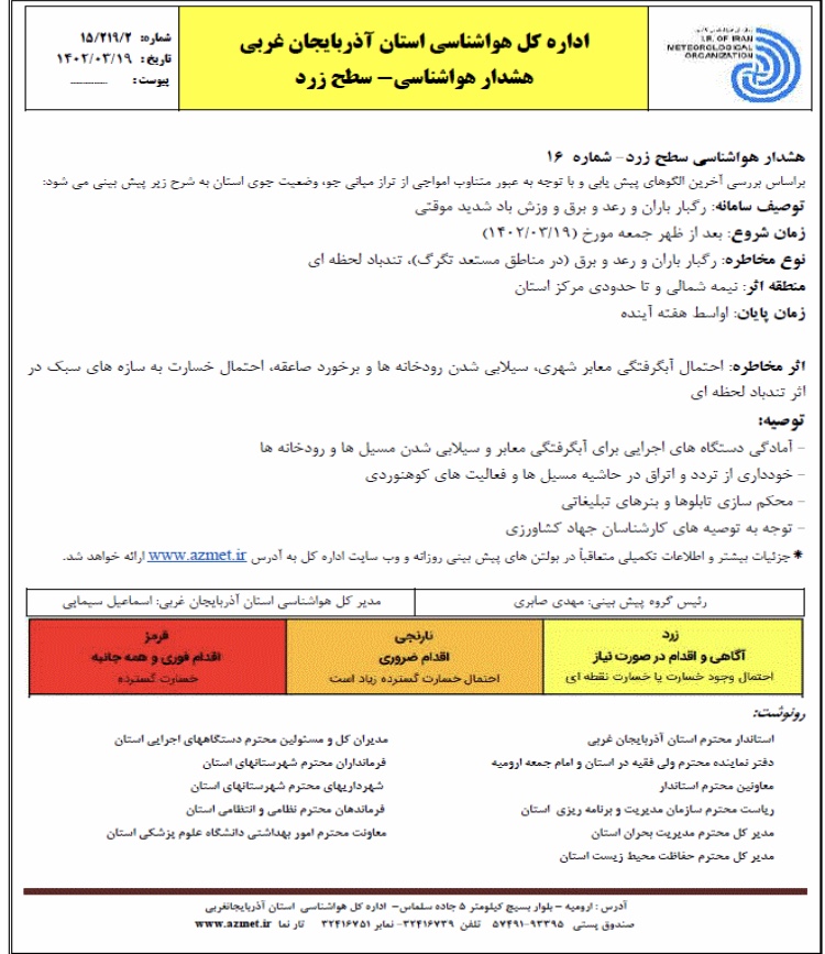 هشدار هواشناسی سطح زرد