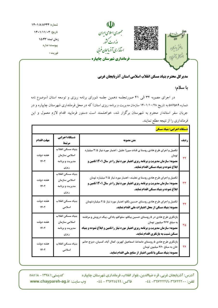 جلسه پیگیری مصوبات سفر ریاست محترم جمهور و مقام عالی استان در حوزه بنیاد مسکن شهرستان چایپاره