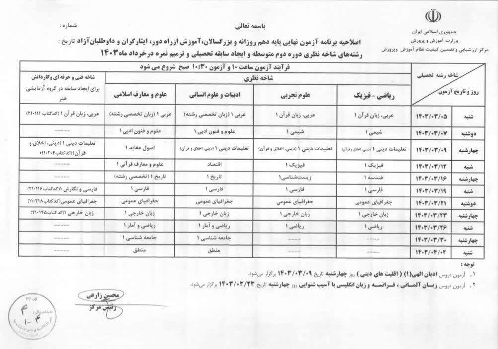 اصلاحیه برنامه زمانی برگزاری آزمون های هماهنگ پایه ششم و نهم کشوری و آزمون های نهایی پایه دهم ، یازدهم و دوازدهم